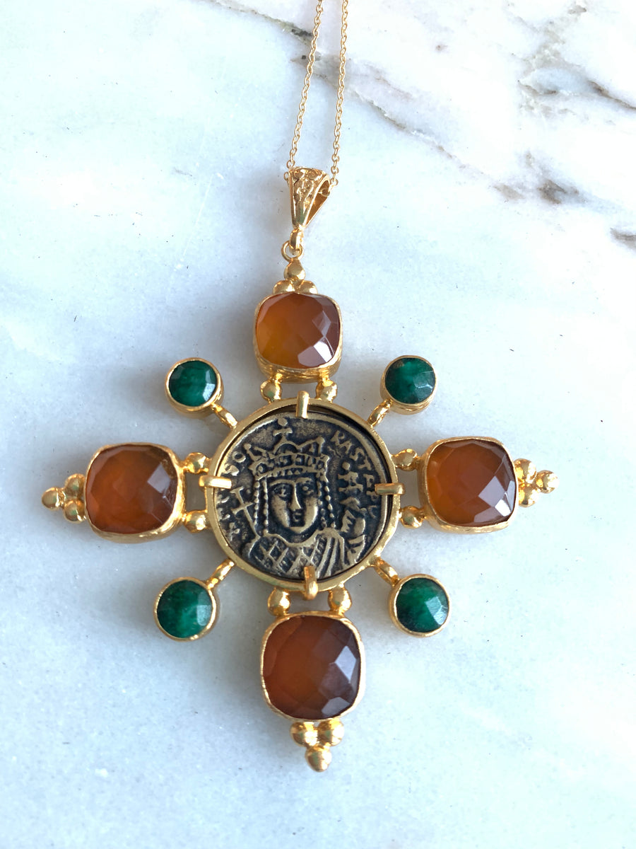 Byzantine Coin Stone Cross Necklace